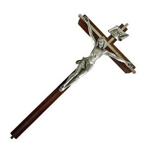 Vintage Catholic Wood Crucifix Wall Cross Pewter Metal Corpus INRI 13" MCM